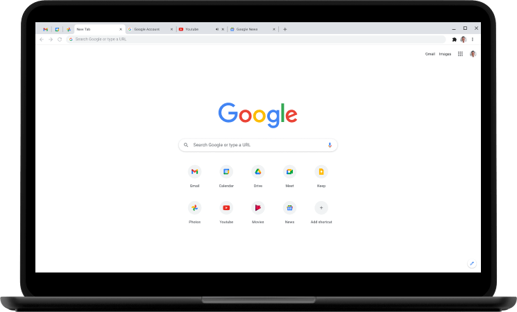 Komputer riba yang memaparkan halaman utama Google.com.