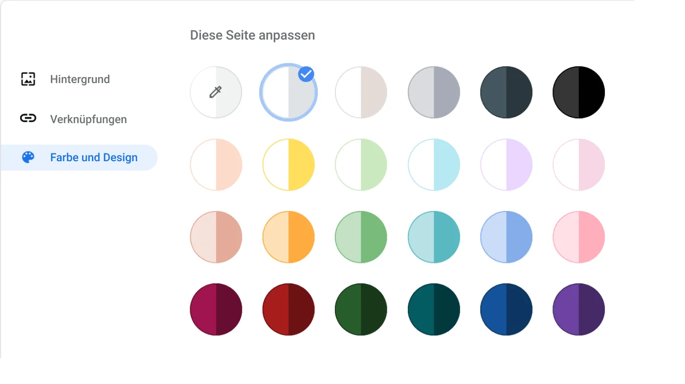 Das Chrome-Einstellungsfenster zeigt das kleine Fenster „Farbe und Design“.