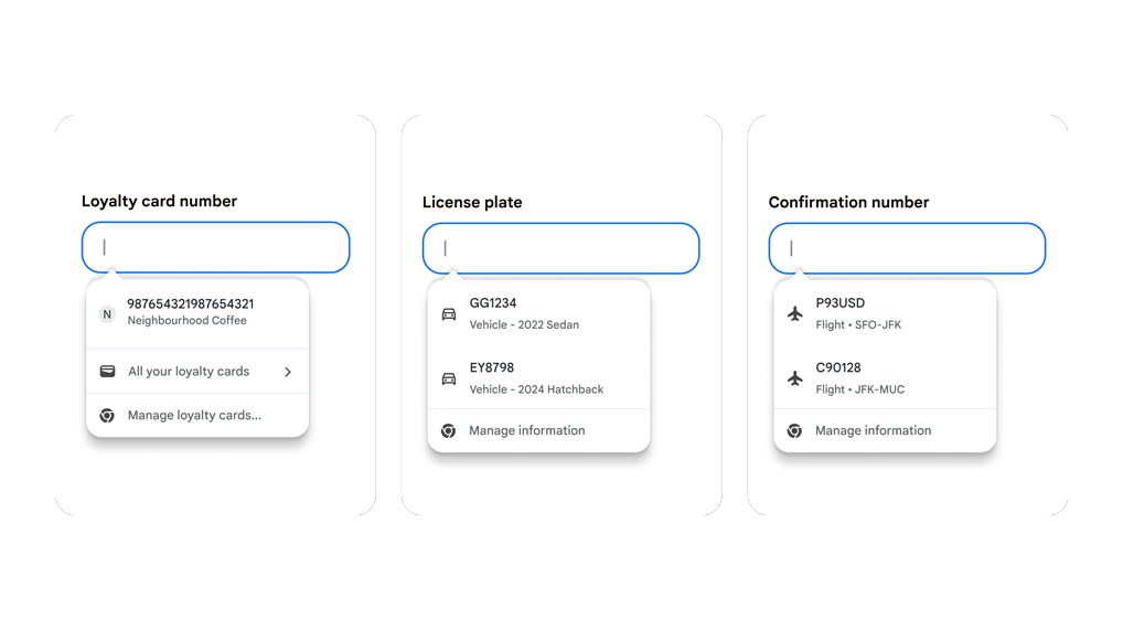 Autofill user experience for filling in loyalty cards, vehicle information and flight information.