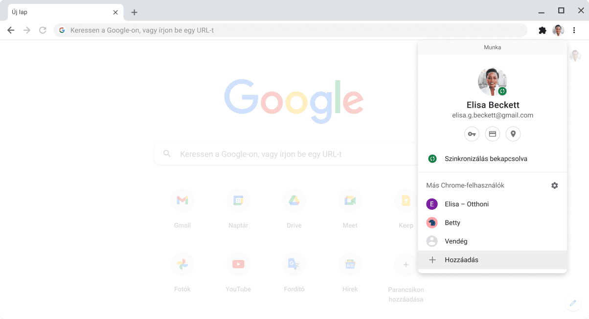A képen a Chrome böngészőben a profilváltó párbeszédpanel látható.