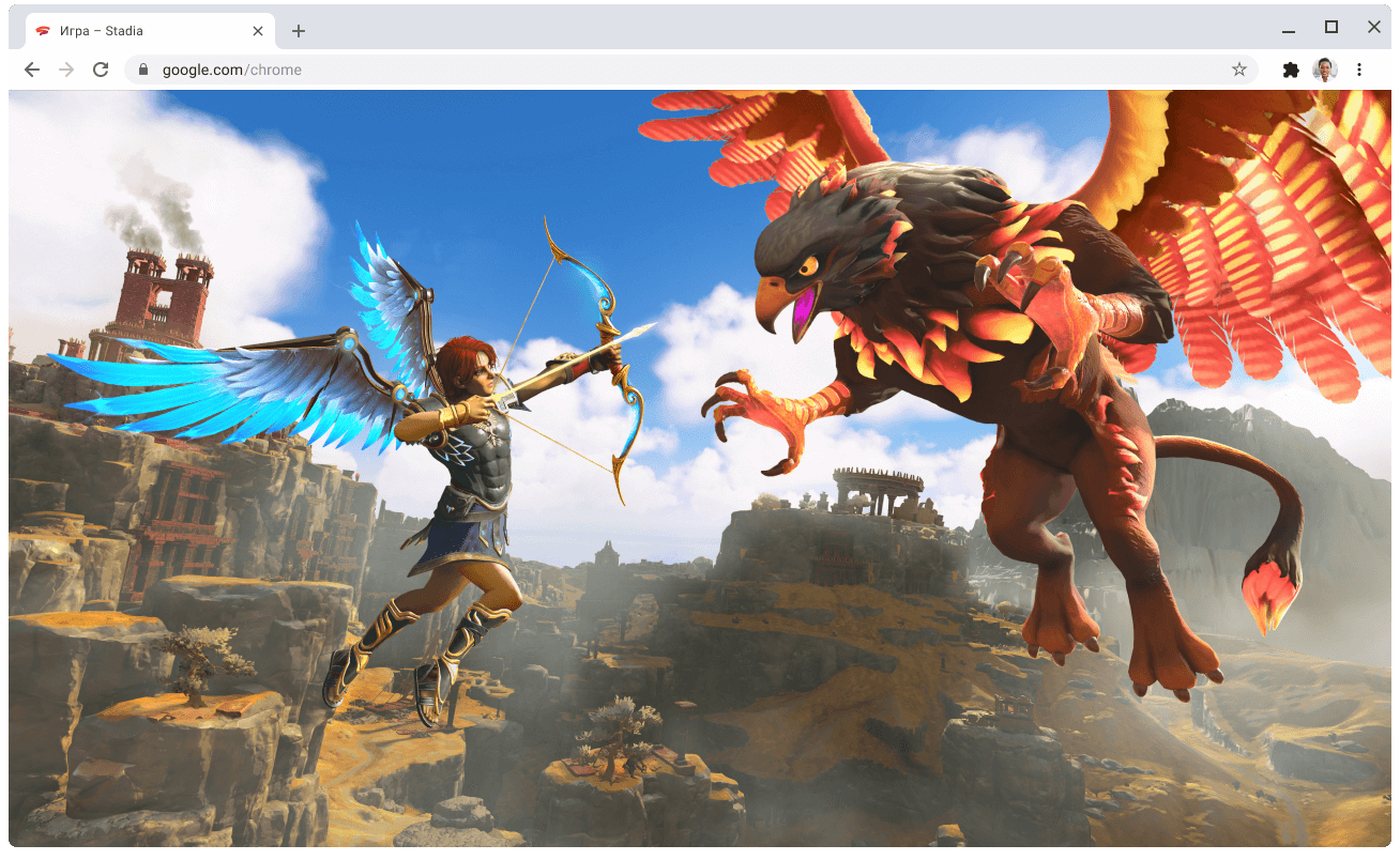 Отображается веб-страница stadia.google.com с игрой.