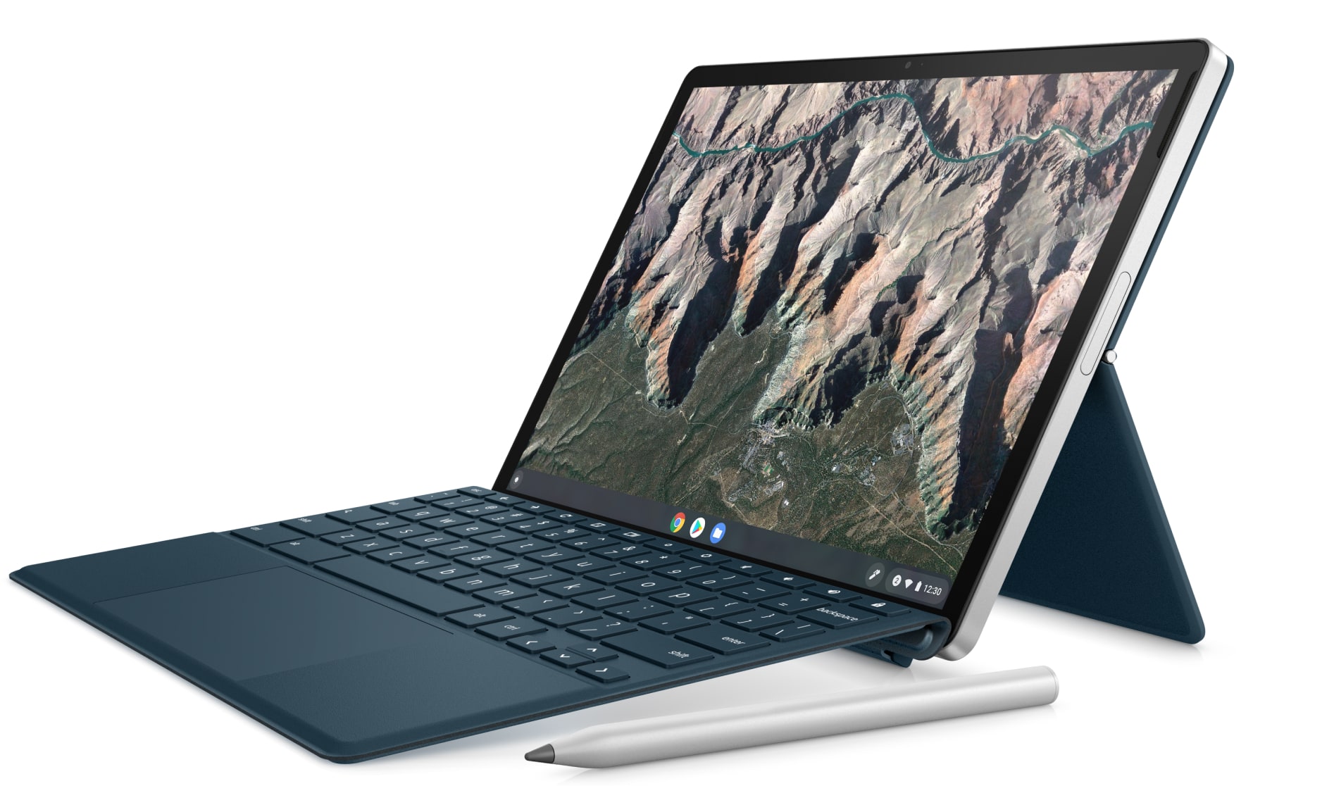 ノートパソコン モードでディスプレイを開いた状態の HP Chromebook x2 と、その左側に置かれたワイヤレス充電式タッチペン。