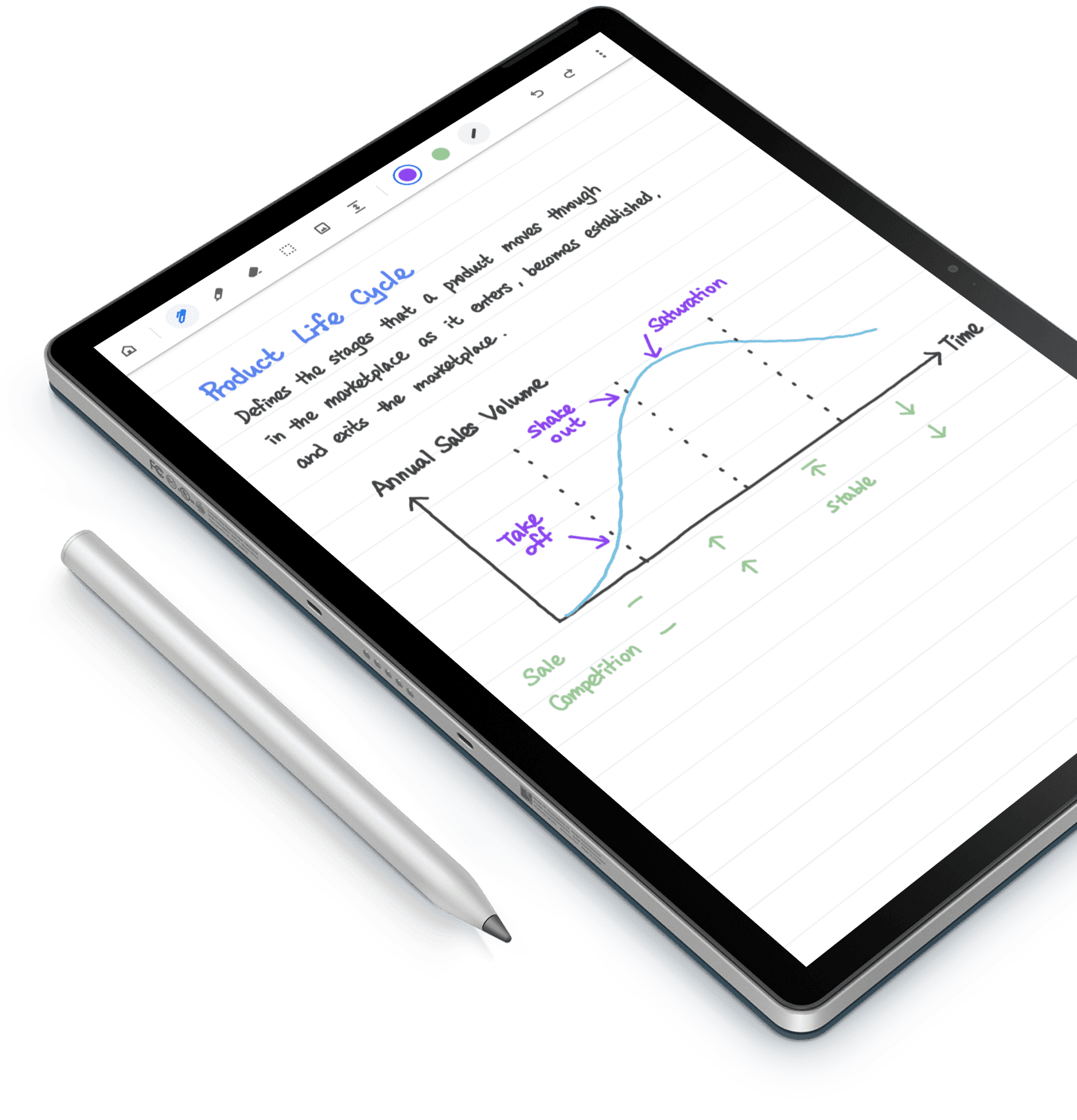 タブレット モードで画面を上に向けた状態の HP Chromebook x2 と、その横に置かれているワイヤレス充電式タッチペン。