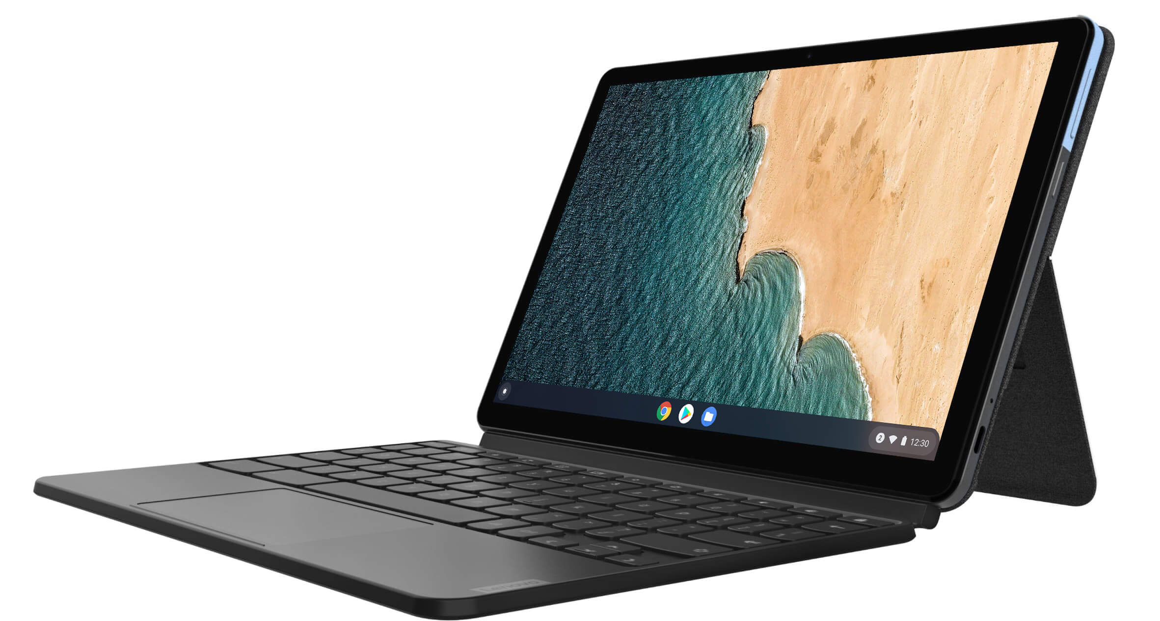 A Lenovo Chromebook Duet in productivity mode with its keyboard attached, displays a vivid abstract image.